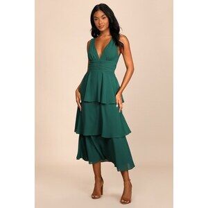 Lulus Celebration Time Emerald Green Sleeveless Tiered Midi Dress - Size M